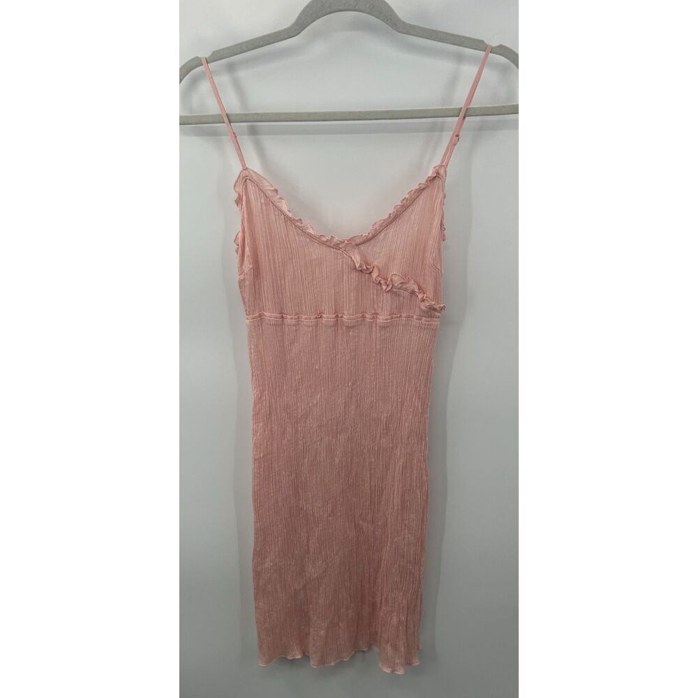 Y2K Pink Plisse Slip Dress Ruffle Trim V-Neck Spaghetti Strap Textured Mini XS